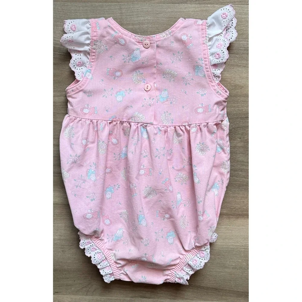 Vintage OshKosh Bgosh Pink Baby & Baskets Bubble Romper Eyelet 24 Months USA